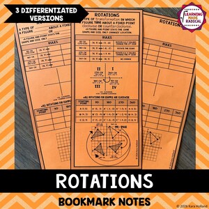 May include: Three orange educational bookmark notes featuring math lessons on rotations. The central bookmark displays rules, coordinate transformation tables, and a Cartesian plane graph showing triangle rotations. Text includes Rotations, Rules, and coordinate points.