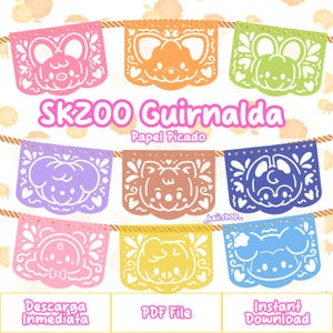 Könnte beinhalten: Ein digitales Banner mit acht bunten Flaggen im Papel-Picado-Stil mit Tierfiguren-Ausschnitten in Pink, Orange, Grün, Lila, Braun, Blau und Gelb. Der Text lautet SKZOO Guirnalda, Papel Picado, Descarga Inmediata, PDF File und Instant Download.