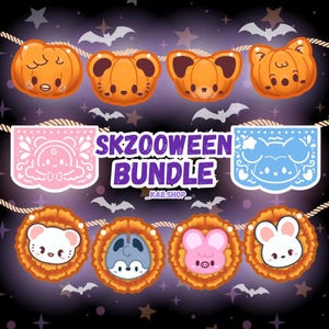 May include: A collection of stickers featuring orange pumpkin-shaped characters, two rectangular banners with intricate cutouts, and four circular orange floral designs with animal faces. The text reads SKZOOWEEN BUNDLE and KAI.SHOP.