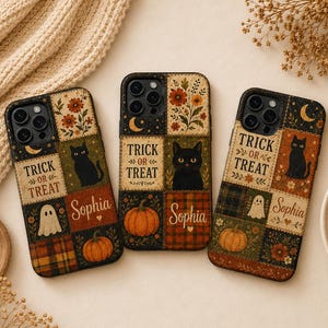 May include: Three phone cases featuring a patchwork design with Halloween motifs including black cats, pumpkins, ghosts, flowers, and crescent moons. Each case displays the text Trick or Treat and the name Sophia in a script font.