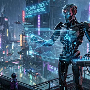 Puede incluir: Un robot humanoide metálico de ojos rojos brillantes se encuentra en una azotea con vistas a una ciudad cyberpunk lluviosa y con luces de neón. El robot interactúa con una interfaz holográfica azul que muestra datos, mientras cuatro personas observan desde una cornisa.