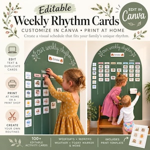 May include: Editable weekly rhythm cards featuring a dark green arched board with white text reading our weekly rhythm. Includes customizable activity cards for days, months, and weather, designed for printing at home and editing in Canva.