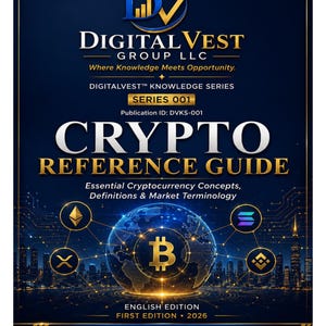 May include: A dark blue book cover titled Crypto Reference Guide by DigitalVest Group LLC. The design features a central glowing globe with a Bitcoin symbol, surrounded by various cryptocurrency icons, a city skyline, and circuit board patterns.