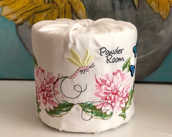 Embroidered Toilet Paper Roll Cover: Dahlia, Butterfly, Dragonfly - Powder Room Decor