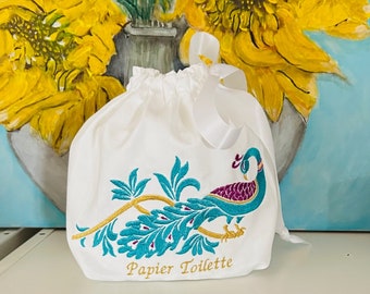 Toilet Paper Roll Cover, Drawstring Bag, Embroidered Bag, Luxe Embroidery, Papier Toilette, Toilet Paper, Powder Room, Peacock Theme