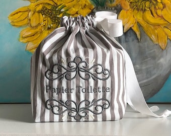 Toilet Paper Roll Bag, Toilet Paper Cover, "Papier Toilette or English" Lettering - YOU CHOOSE, Washable/Reusable