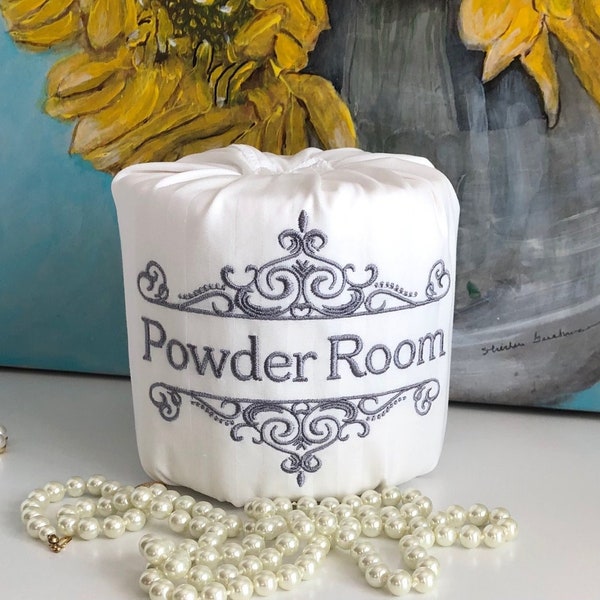 Toilet Paper Roll Cover, Wrap & Tuck, Embroidered Bathroom Decor, Powder Room