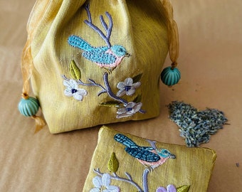 Embroidered Gift Bag Set, Potli Bag, Embroidered Drawstring Bag, Embroidered Sachet, Nature Lover Gift