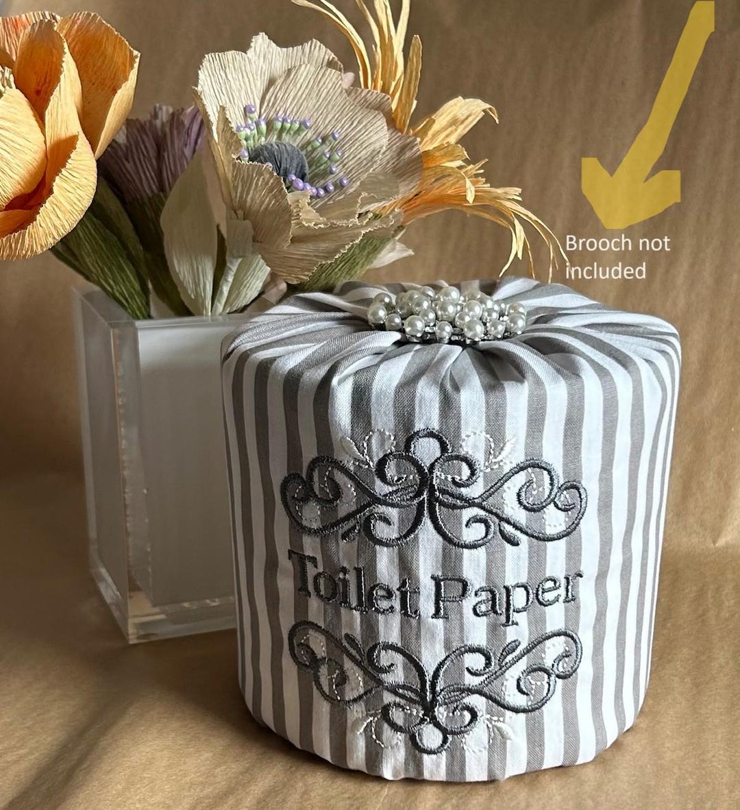 Embroidered Toilet Paper Roll Cover, Gray Stripe Bathroom Decor, WRAP ...