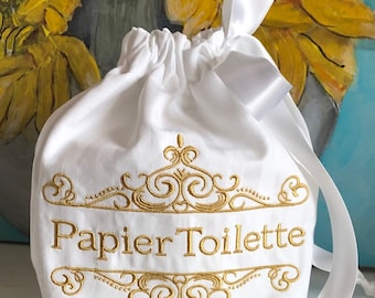 Toilet Paper Cover, White Spare Roll, Drawstring Bag, White and Gold Theme, Papier Toilette Cover, Regal Bathroom