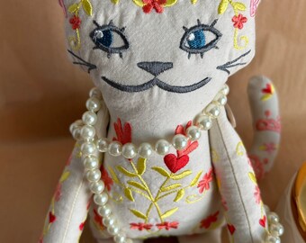 Stuffed Animal, Cat, Embroidered Cat, Unique Embroidered Animals, Happy Cat