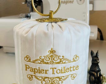 White Toilet Paper SLIDE-ON Cover, Vintage-Style Knob, Elegant Bathroom Accent