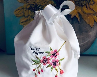 Toilet Paper Cover, Pull String Bag, Spare Roll Cover, Cherry Blossom, Papier Toilette Cover, You CHOOSE Toilet Paper or Papier Toilette