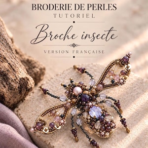 May include: A beaded insect brooch featuring purple, pink, and metallic beads with a central faceted crystal. The text reads BRODERIE DE PERLES TUTORIEL Broche insecte VERSION FRANÇAISE. The brooch has intricate wings and legs made of beads.