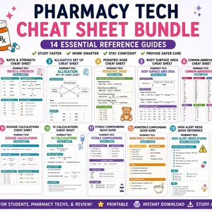 May include: A Pharmacy Tech Cheat Sheet bundle featuring 14 essential reference guides. The colorful digital sheets include topics like temperature conversion, ratio and strength, alligation, pediatric dose, body surface area, and drug classes.