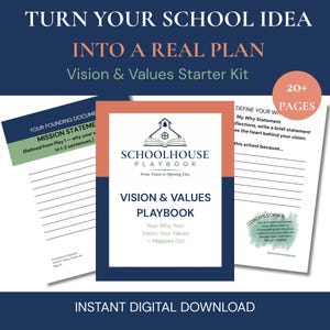 以下が含まれることがあります： Schoolhouse Playbookというタイトルの中心的なプレイブックを備えたデジタルVision & Valuesスターターキット。学校のアイコンが特徴です。このキットには、ミッションステートメントや目的を記述するページ、20ページ以上のバッジ、およびインスタントダウンロード用のテキストが含まれています。