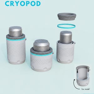 Może przedstawiać: Trzy jasnoszare izolowane uchwyty na puszki z napisem CRYOPOD i turkusowymi akcentami. Uchwyty mają teksturowaną powierzchnię zewnętrzną, zdejmowany górny pierścień i turkusową uszczelkę. Przekrój pokazuje lód wewnątrz, z tekstem: Ice inside!