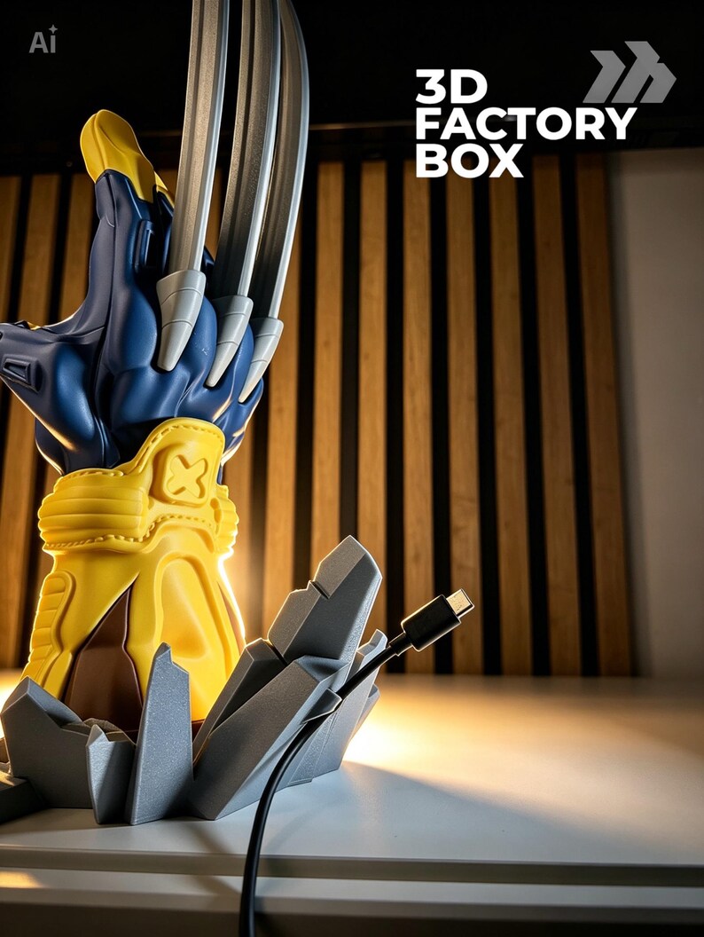 May include: A blue and yellow glove-shaped lamp with three long silver claws extending from the top. The base is a gray jagged rock formation. A black USB-C charging cable is attached to the side. The text 3D FACTORY BOX is visible.