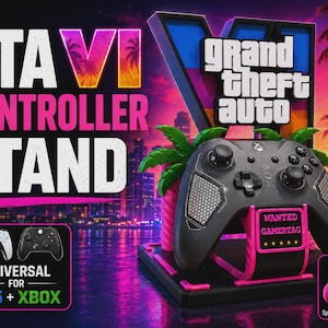 Peut inclure: Un support de manette de jeu noir et rose arborant le logo Grand Theft Auto VI, des accents de palmiers et une plaque Wanted Gamertag personnalisable. Le support est conçu pour une utilisation universelle avec les manettes PS5 et Xbox.