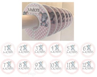 6 Baby Closet Dividers Organizers Clothes Dividers 12 Baby Monthly Stickers Pink Gray Elephants Nursery Decor