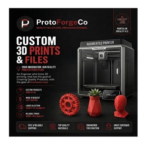May include: A black and grey 3D printer labeled Creality K1C sits next to a red plastic gear, a red geometric planter with a green succulent, and a red bust of a superhero. The text reads ProtoForgeCo Custom 3D Prints & Files and lists services.