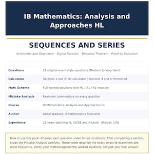 Op de afbeelding: Een studiegids getiteld IB Mathematics: Analysis and Approaches HL, gericht op rijen en reeksen. Het bevat 21 examenvragen, richtlijnen voor rekenmachines, beoordelingsschema's met M1/A1/R1-notatie, foutenanalyses door auteur Abdul Wadood en instructies voor getimede oefeningen.