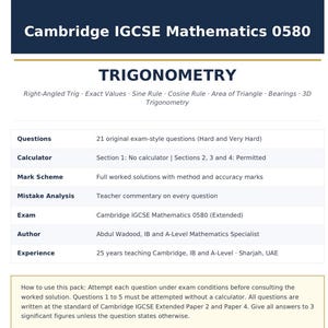 Peut inclure: Un document intitulé Cambridge IGCSE Mathematics 0580 Trigonometry, comprenant 21 questions de type examen, des corrigés détaillés et des commentaires d'enseignant. Il précise l'usage de la calculatrice et les normes d'examen.