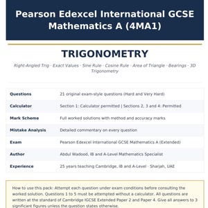Peut inclure: Un document intitulé Pearson Edexcel International GCSE Mathematics A (4MA1) Trigonometry. Il liste 21 questions de type examen, les autorisations de calculatrice, les barèmes, l'analyse d'erreurs et les références de l'auteur Abdul Wadood.