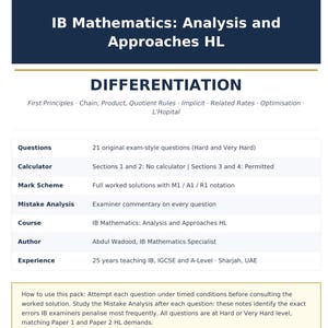 May include: A document titled IB Mathematics: Analysis and Approaches HL, focusing on Differentiation. It lists 21 exam-style questions, calculator rules, mark schemes with M1/A1/R1 notation, mistake analysis, and author credentials for Abdul Wadood.