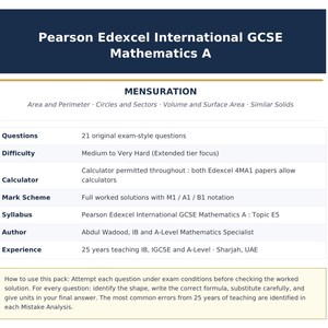 May include: A document titled Pearson Edexcel International GCSE Mathematics A, focusing on Mensuration. It lists 21 exam-style questions, difficulty levels, calculator usage, mark schemes, syllabus topic E5, and author details by Abdul Wadood.