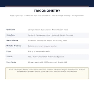 Peut inclure: Un document intitulé AQA GCSE Mathematics (8300) Higher Tier portant sur la trigonométrie. Il présente 21 questions de type examen, les autorisations de calculatrice, les corrigés et une analyse des erreurs par l'auteur Abdul Wadood.