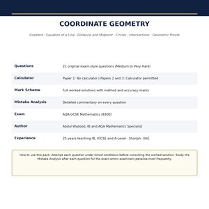 以下が含まれることがあります： AQA GCSE Mathematics (8300) Higher Tier Coordinate Geometryというタイトルの文書。21問の試験形式の問題、電卓の使用ルール、採点基準、間違い分析、著者Abdul Wadood、および25年の指導経験が記載されています。