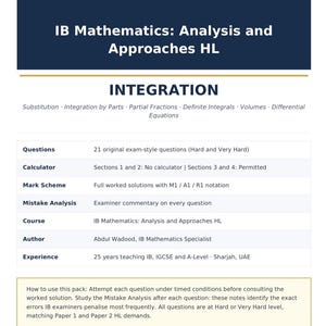 Op de afbeelding: Een document getiteld IB Mathematics: Analysis and Approaches HL Integration. Het bevat 21 examenvragen, rekenmachineregels, beoordelingsschema's met M1/A1/R1-notatie, foutenanalyses en de gegevens van auteur Abdul Wadood, een IB-specialist.