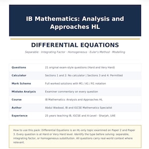 以下が含まれることがあります： IB Mathematics: Analysis and Approaches HLと題された微分方程式に関する文書。21問の試験形式の問題、電卓の使用規則、M1/A1/R1表記の解答、および著者Abdul Wadoodによる解説が記載されています。
