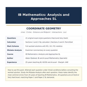 Puede incluir: Un documento educativo blanco titulado IB Mathematics: Analysis and Approaches SL, Coordinate Geometry. Enumera 21 preguntas de examen, reglas de calculadora, soluciones con notación M1/A1/R1 y comentarios de Abdul Wadood.