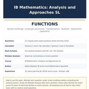 Op de afbeelding: Een document getiteld IB Mathematics: Analysis and Approaches SL Functions, met 21 originele examenvragen, richtlijnen voor rekenmachinegebruik, volledige uitgewerkte oplossingen met M1, A1, R1 notatie en commentaar van de examinator.