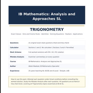 Peut inclure: Un document blanc intitulé IB Mathematics: Analysis and Approaches SL, centré sur la trigonométrie. Il liste 21 questions d'examen, les règles de calculatrice, des corrigés avec notation M1/A1/R1, une analyse d'erreurs et les références de l'auteur.