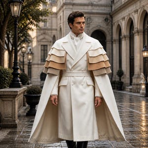 May include: A long, white, double-breasted coat featuring a tiered cape overlay with gradient tan and beige layers. The coat includes a belted waist, flap pockets, and a high collar, paired with black knee-high boots and a white neck scarf.