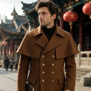 Peut inclure: Un manteau en laine marron à double boutonnage doté d'un large col style cape, de manches longues et de six boutons dorés disposés en deux rangées verticales. Le manteau est porté sur un pull à col roulé sombre et tient un petit livre.