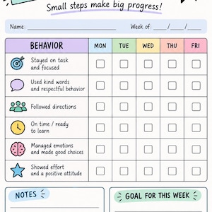 May include: A behavior tracker chart with the title BEHAVIOR TRACKER and the text Small steps make big progress. It includes a grid for Monday through Friday with rows for tasks like Stayed on task, Used kind words, and Followed directions.