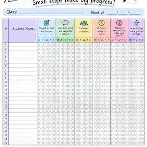 May include: A behavior tracker chart with the title "BEHAVIOR TRACKER" and the text "Small steps make big progress!". It includes columns for student names and weekly tasks like staying on task, using kind words, and following directions.