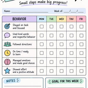 May include: A behavior tracker chart with the title BEHAVIOR TRACKER and the text Small steps make big progress. It includes a grid for Monday through Friday with rows for tasks like Stayed on task, Used kind words, and Followed directions.