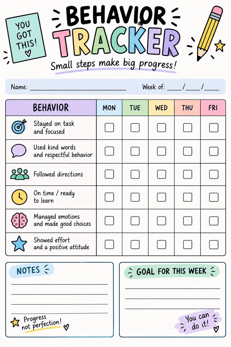 May include: A behavior tracker chart with the title BEHAVIOR TRACKER and the text Small steps make big progress. It includes a grid for Monday through Friday with rows for tasks like Stayed on task, Used kind words, and Followed directions.