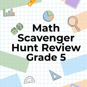 Puede incluir: Un póster educativo Math Scavenger Hunt Review Grade 5 sobre un fondo de cuadrícula con ilustraciones de regla, cuaderno, gráfico de barras, gráfico circular, lupa, dados, transportador, escuadra y calculadora con el texto MiddleMagicRes.