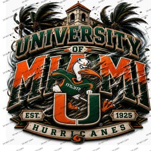 Può includere: Un design grafico che mostra il testo University of Miami con la mascotte Sebastian the Ibis al centro. Il design include il testo Est. 1925 e Hurricanes su uno stendardo, con palme e la sagoma di un edificio sullo sfondo.