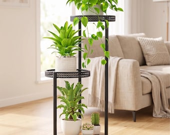Round Plant Stand for Corner | 3 Tier Metal & Wood Plant Shelf | Indoor Outdoor Tall Plant Holder | Modern Rustic Multi Plant Display Rack