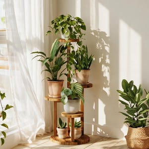 Corner Plant Stand 4 Tier Tall Wood Plant Shelf | Carbonized Pine 5 Potted Plant Rack | Indoor Corner Decor Display