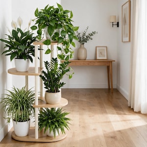 Corner Plant Stand 4 Tier Wooden Plant Shelf | Curved Wood Flower Rack for 5 Pots | Indoor Outdoor Ladder Display Stand