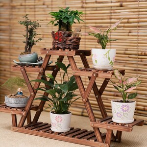 Tiered Wooden Plant Stand | Rustic Torched Wood Flower Rack | Indoor Outdoor Multi Tier Corner Shelf for Plants