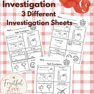Puede incluir: Tres hojas de trabajo imprimibles en blanco y negro sobre la investigación científica de manzanas, con secciones para registrar color, altura en cubos, peso, semillas, flotabilidad y sabor. Incluye ilustraciones de manzanas y un logo.